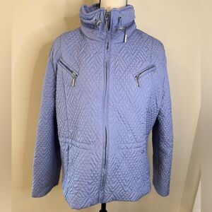 Weatherproof warm quilted blue coat with a hidden hoodie multiple pockets SZ XL
